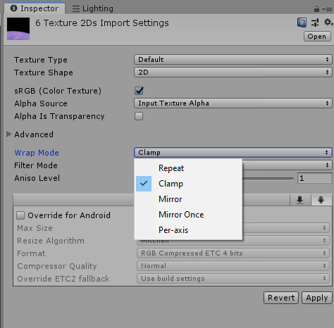 Select all images and set the wrap mode to Clamp or you might experience gaps between the textures.