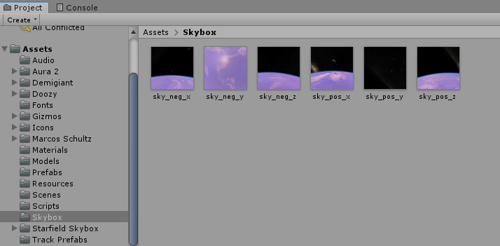 In the Project tree, create a new folder called Skybox and add the images.