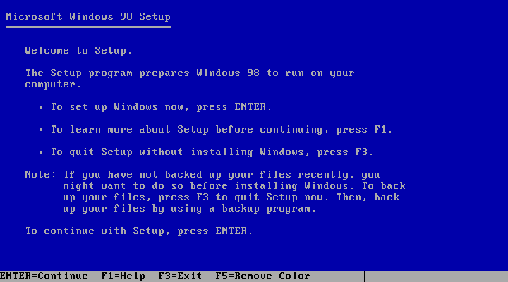 Windows 98 installation starts.