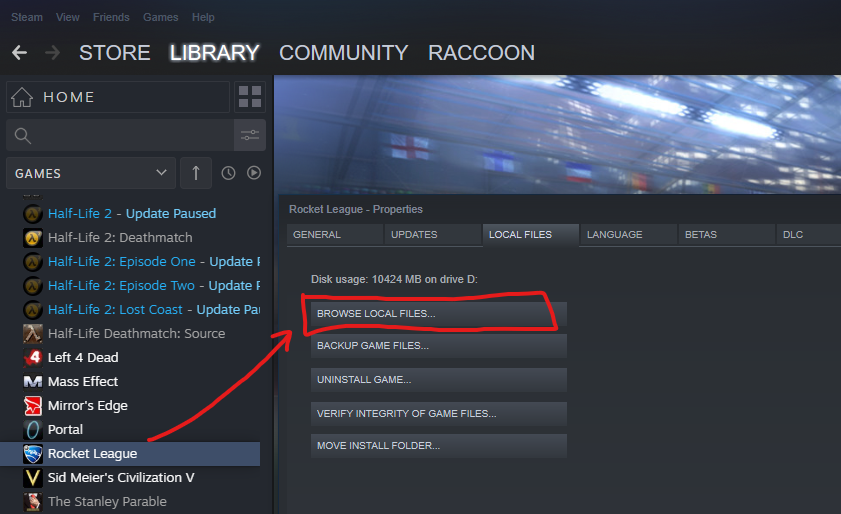 To locate the Rocket League folder using the Steam client, right-click the game in the games list, select properties, and click 