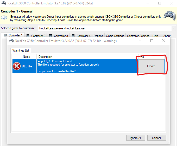 When the application first starts, it needs to create xinput1_3.dll in order to work. Click create to proceed.