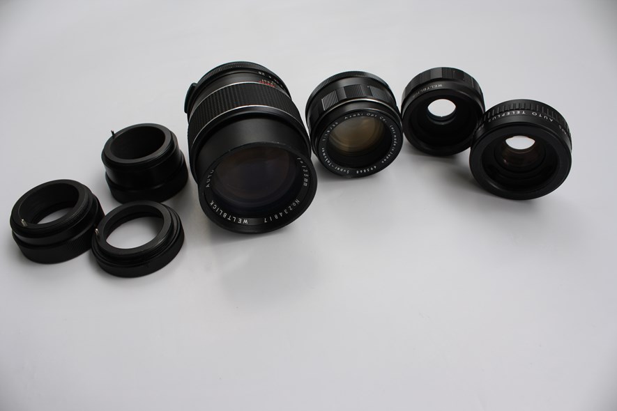 From the left: 3 extension tubes, 135mm Weltblick lens, 55mm Pentax lens, 2 tele converters (2x).