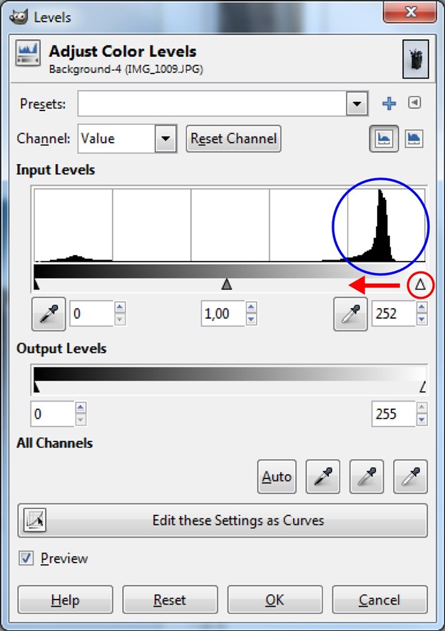 The spike (blue ring) in the histogram indicates the gray background, which we want white. Drag the right slider (red ring) left of the spike and the background magically turns white. Try the left slider for deeper blacks.