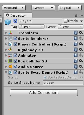 The script 'Sprite Swap Demo' was created and added to the game object. The parameter 'Sprite Sheet Name' is set to 'player', which is the name of the PNG file of the player. We can start the game and change it to another value on the fly.