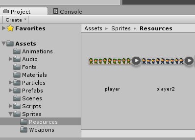 The sprites to swap between are located in a 'Resources' sub folder - 'player' and 'player2'.