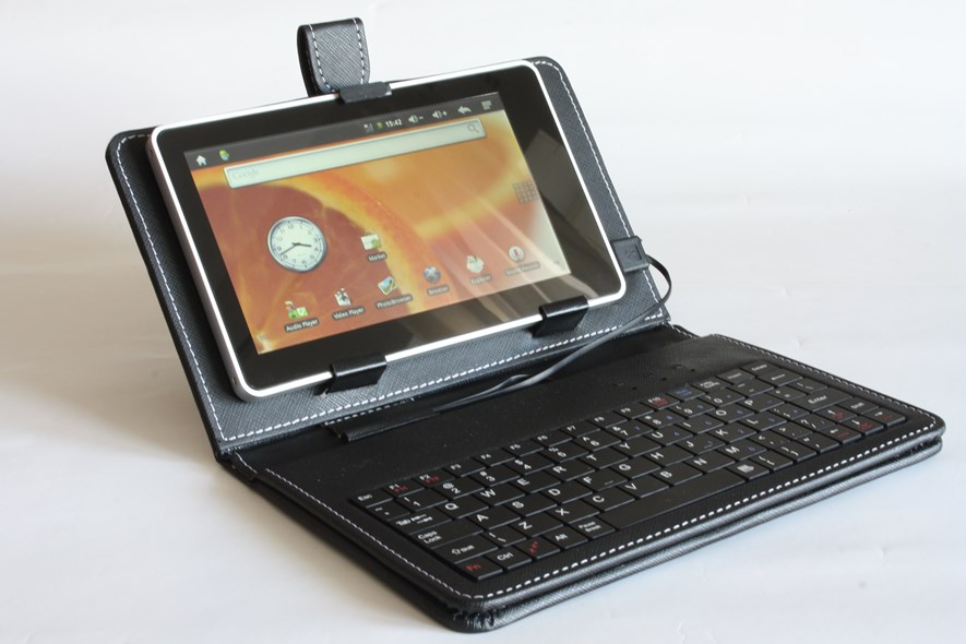 The included case has a built-in keyboard. It is also sold separately and should work with most 7