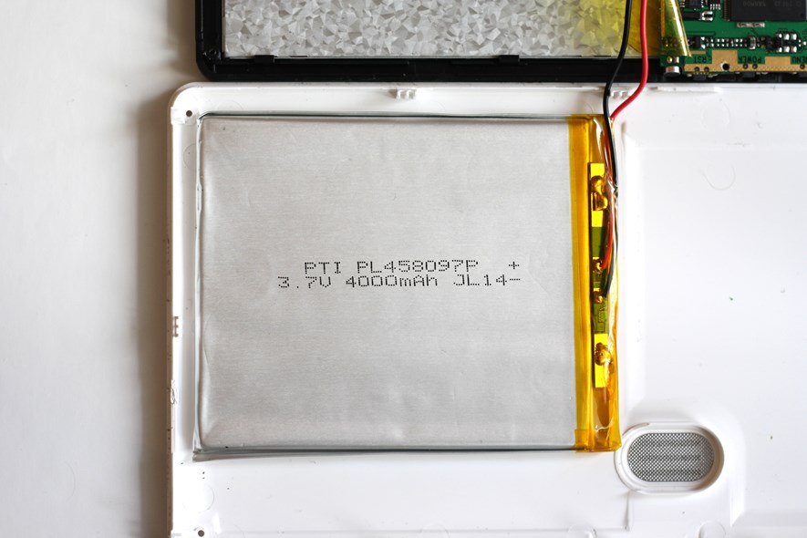 The battery. 3.7V, 4000mAh, measuring roughly 90x80x5 mm. I guess it could be replaced, but some basic soldering skills are required.