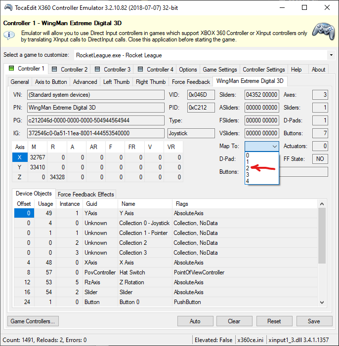 Switch to the tab with the same name as the controller. In the Map To dropdown, pick 2. This means that this controller will map to Player 2. This step is important, or both the keyboard and the controller will map to Player 1.