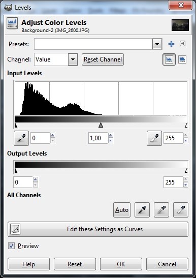 The levels tool. The histogram shows that the image is very dark. By dragging the white marker under the histogram towards the center (or selecting some foliage as white point), more details become visible.