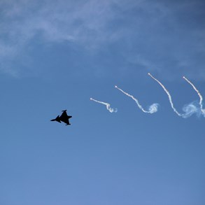 JAS 39 Gripen &quot;Gryphon&quot; dropping flares.